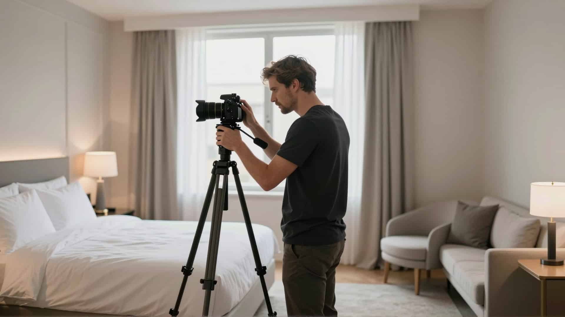 Fotograf fotografiert ein Hotelzimmer mit Kamera auf Stativ - Businessfotografie für Unternehmen