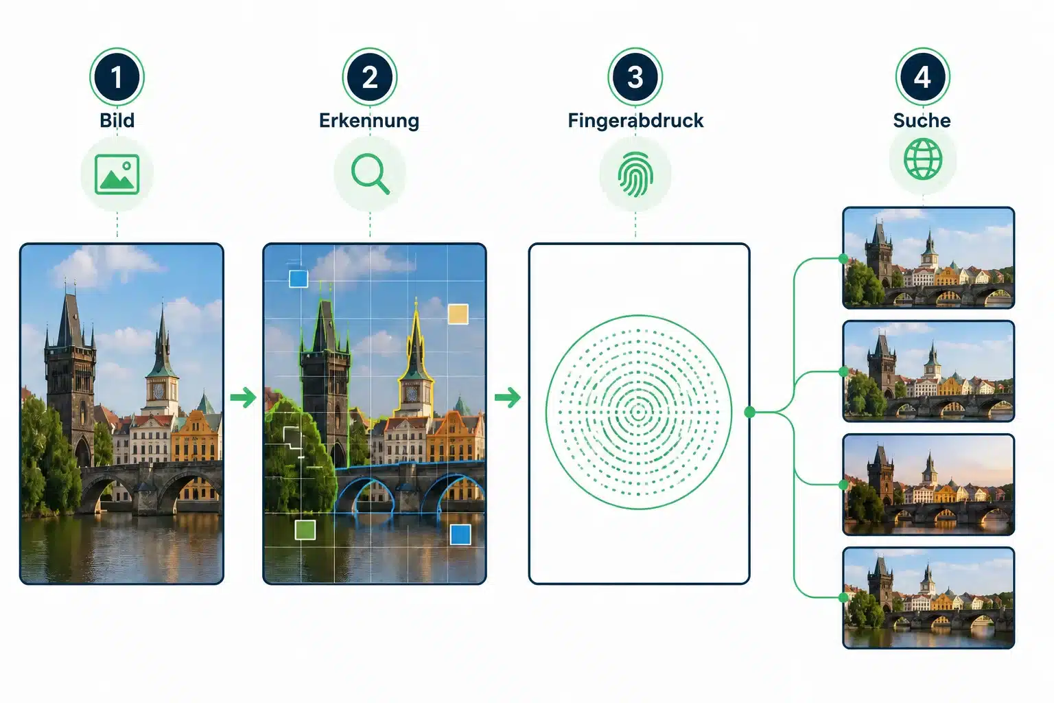 Infografik: So funktioniert die Bilder-Rückwärtssuche - vom Bild über die Analyse zum digitalen Fingerabdruck und den Suchtreffern